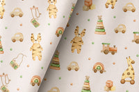 Wooden toy and giraffe nursery curtains in a sunlit child's bedroom