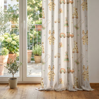 Wooden toy and giraffe nursery curtain at glass patio doors