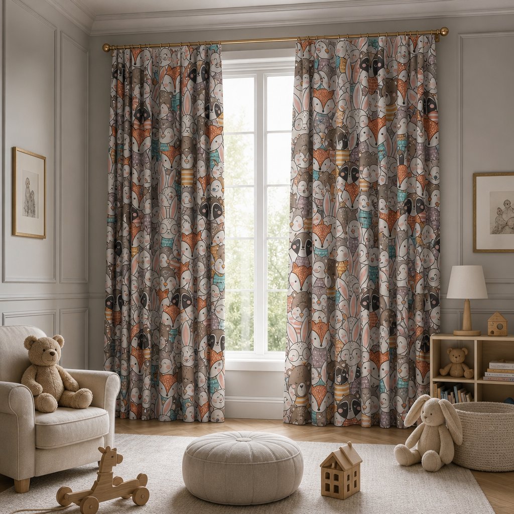 Child peeking out from behind woodland animal curtains