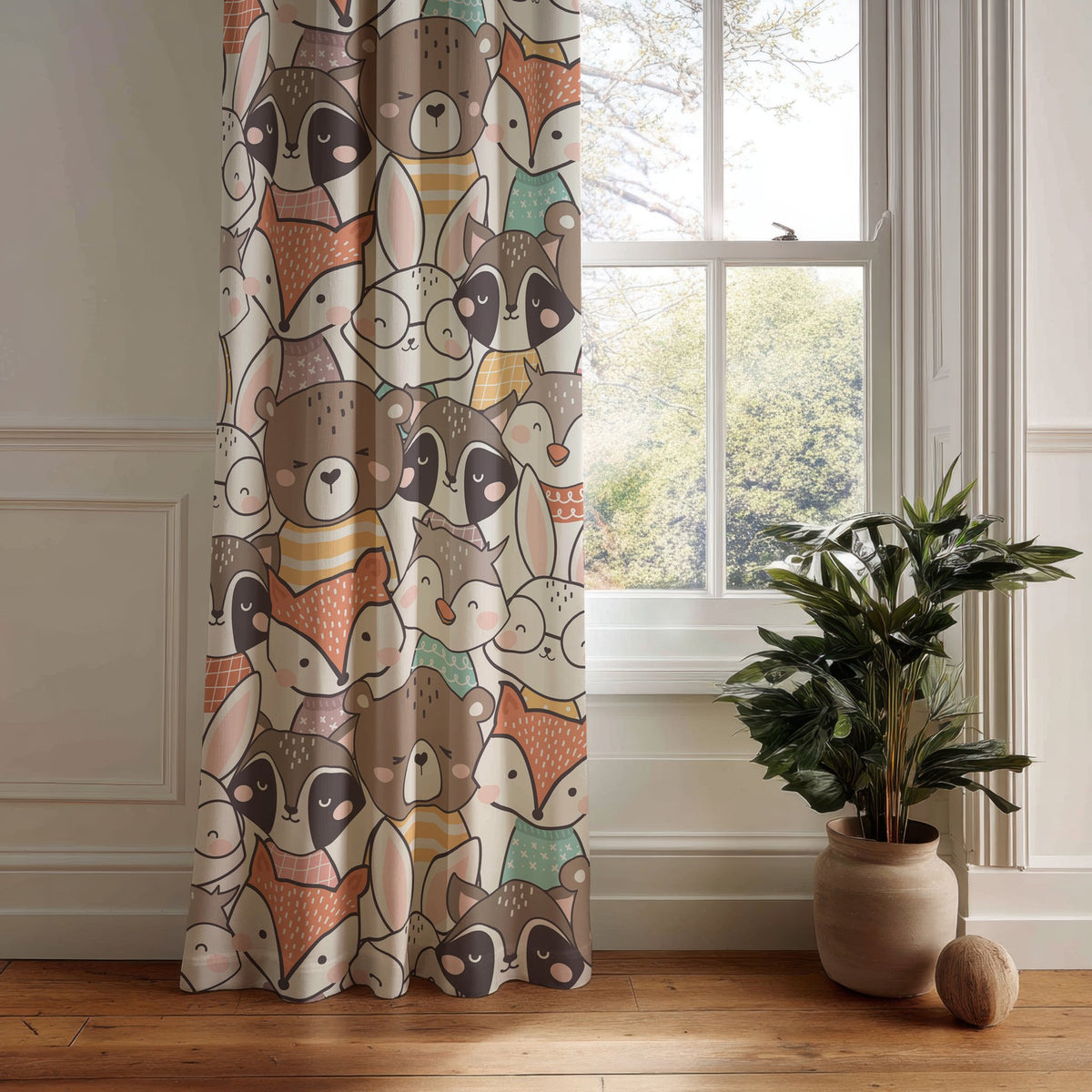 Full-length woodland animal print curtain at a window