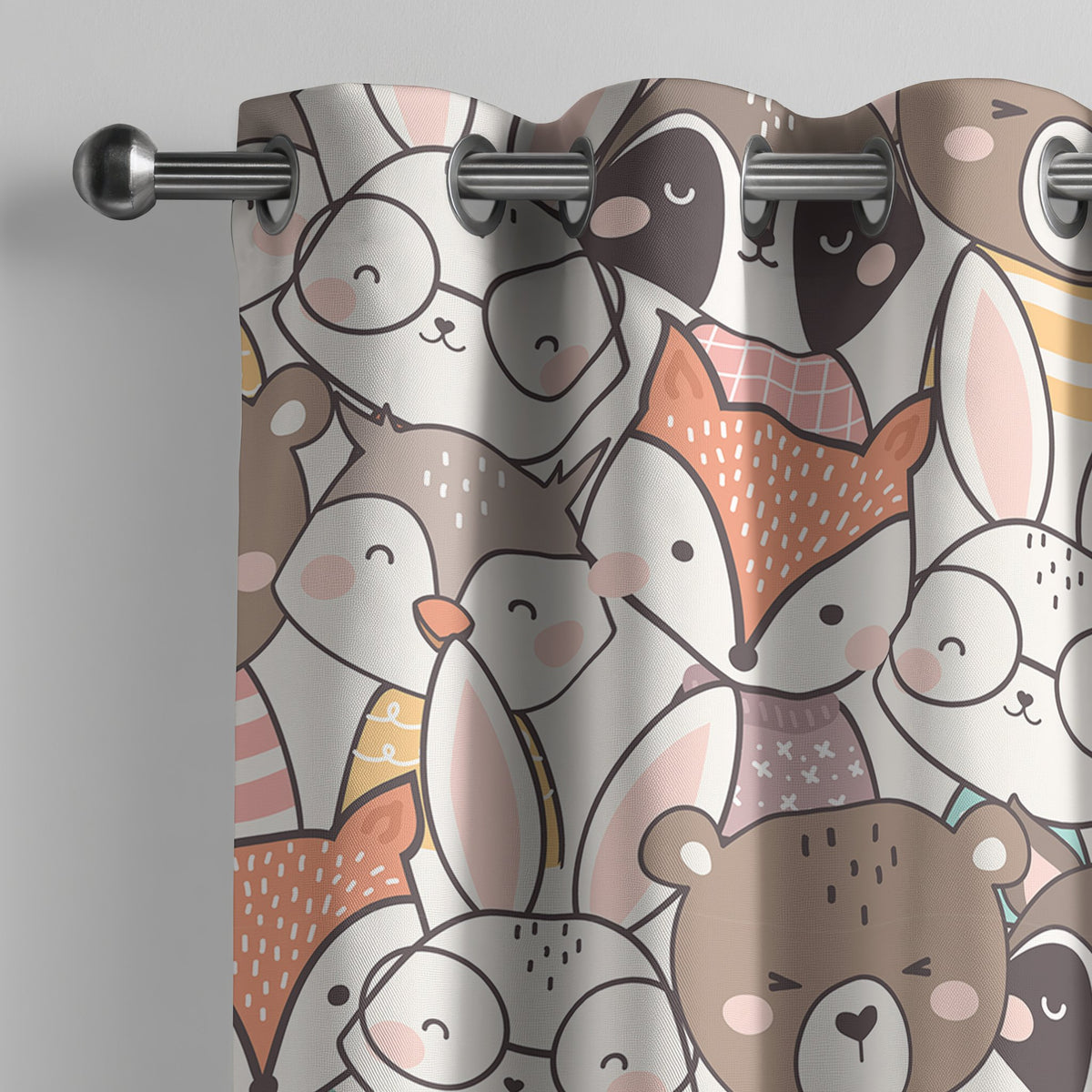 Woodland nursery curtain on a grommet rod with fox, bear and bunny faces