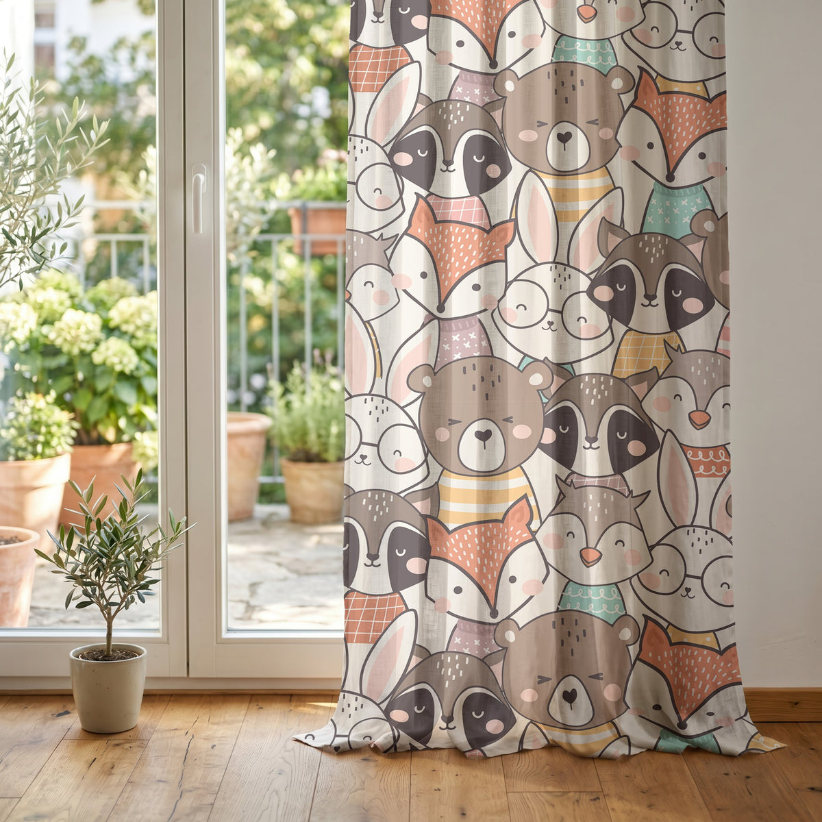 Woodland animal curtain at glass doors with potted plants