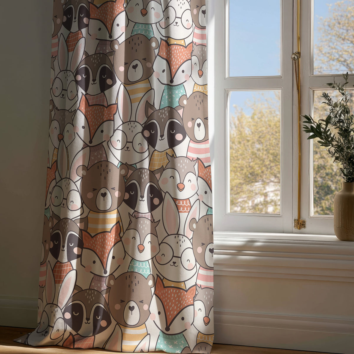 Woodland nursery curtain draping to the floor by a window