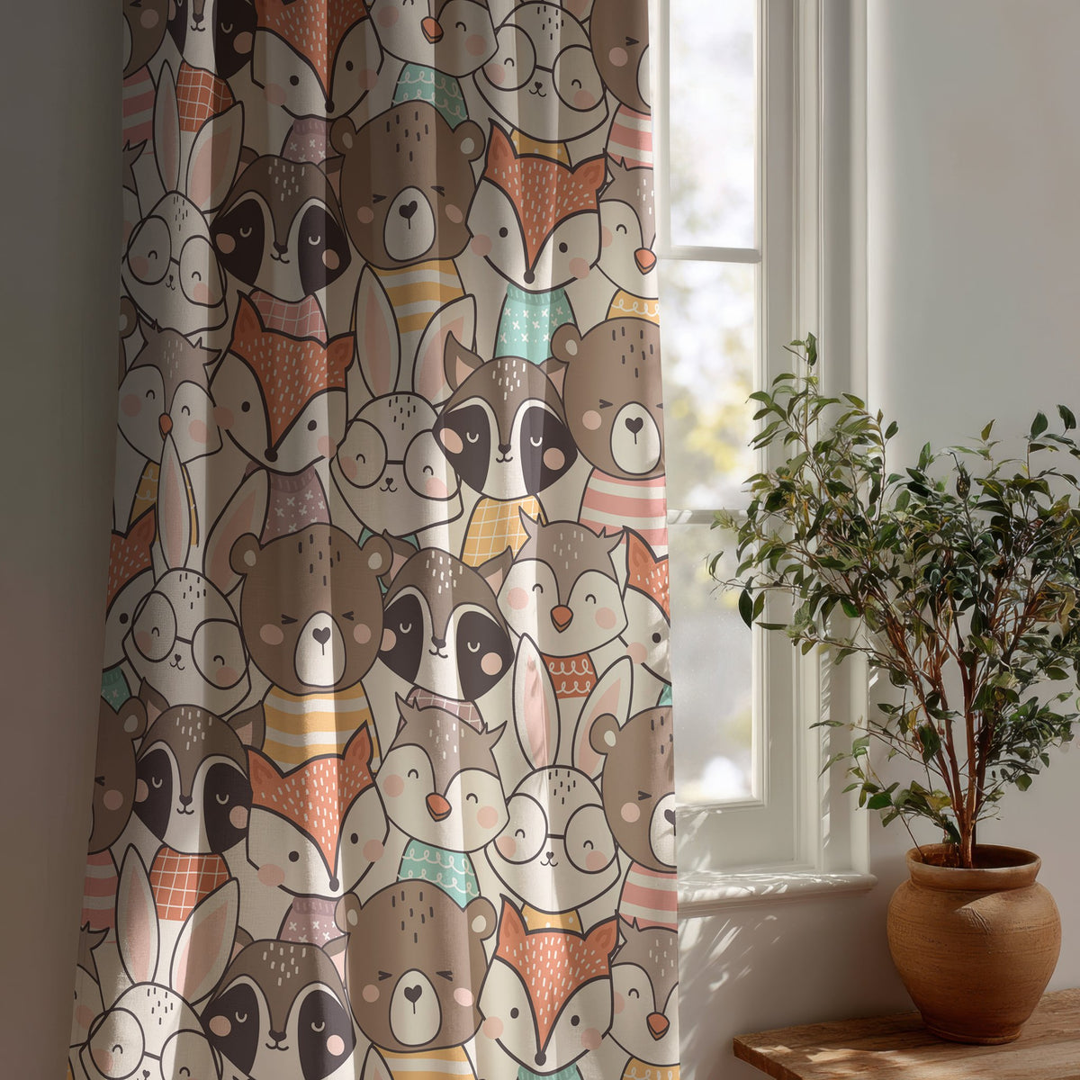 Woodland animal print curtain next to a potted olive tree