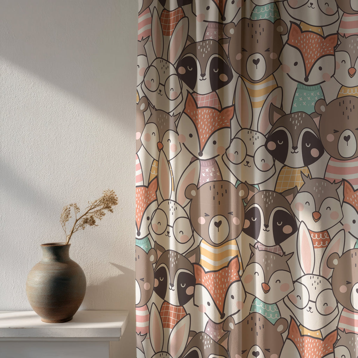 Woodland animal curtain beside a vase on a shelf