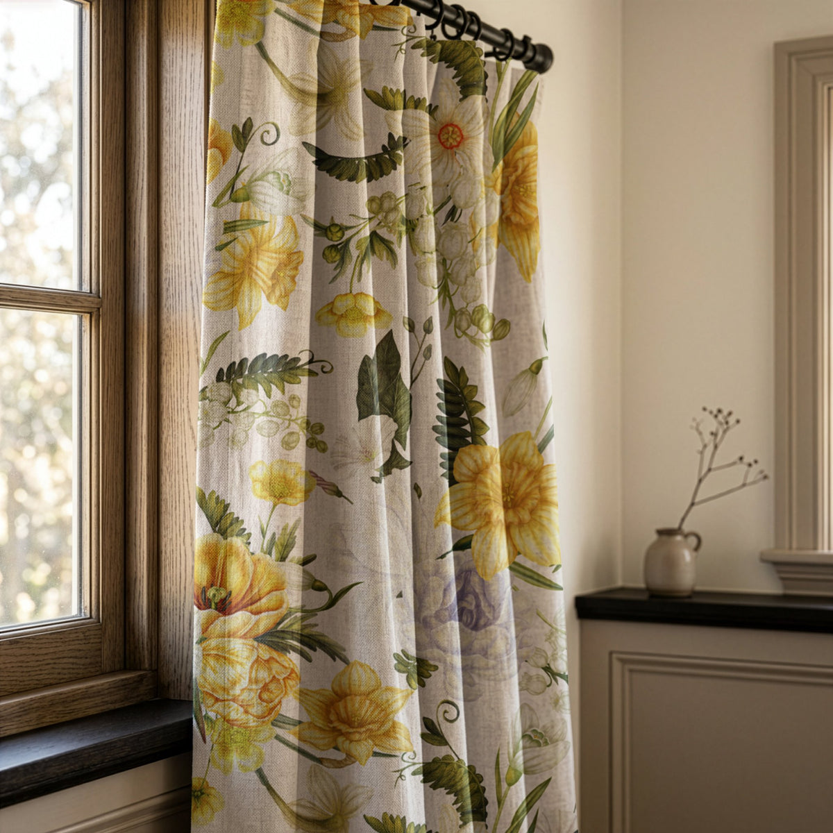 Yellow daffodil curtains in a warm living room