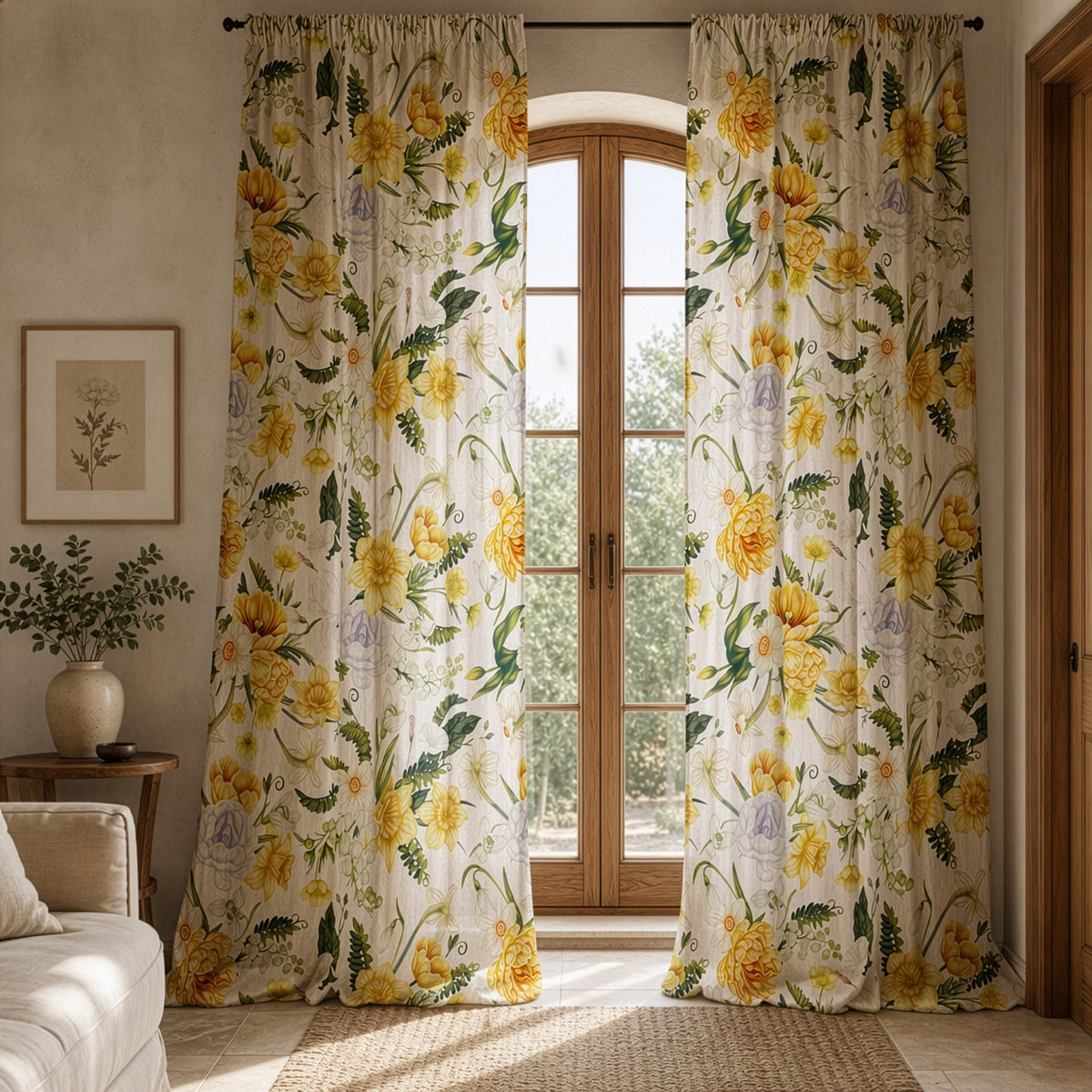 Yellow daffodil curtains in a living room