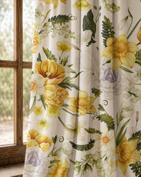 Pair of yellow daffodil curtains at an arched window
