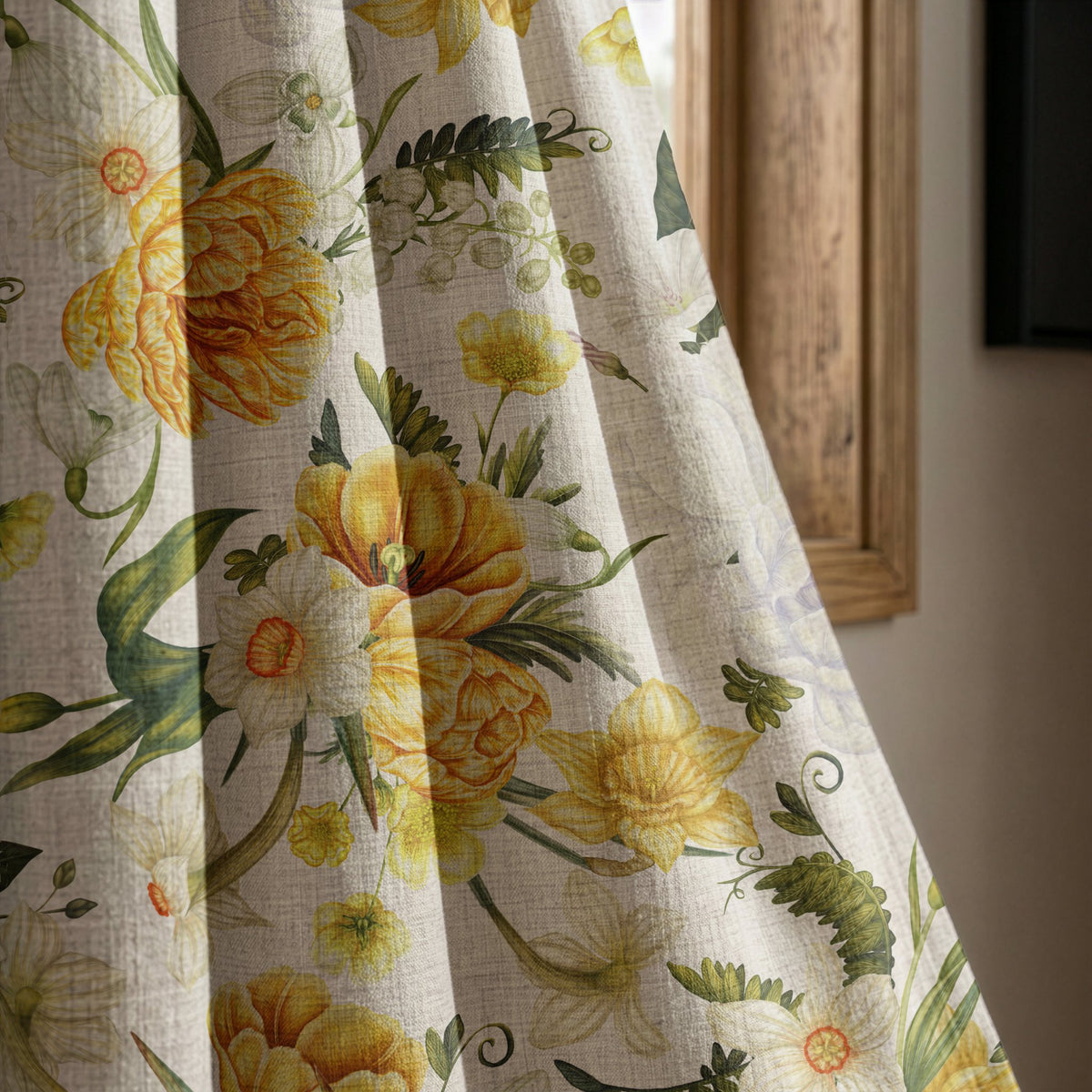 Yellow daffodil curtain panel beside a rustic wooden window